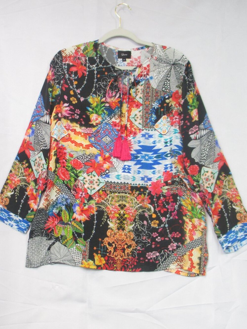 Shana 100% Viscose Silk Long Sleeve Shirt  Floral Art Black Red Tassel Size M